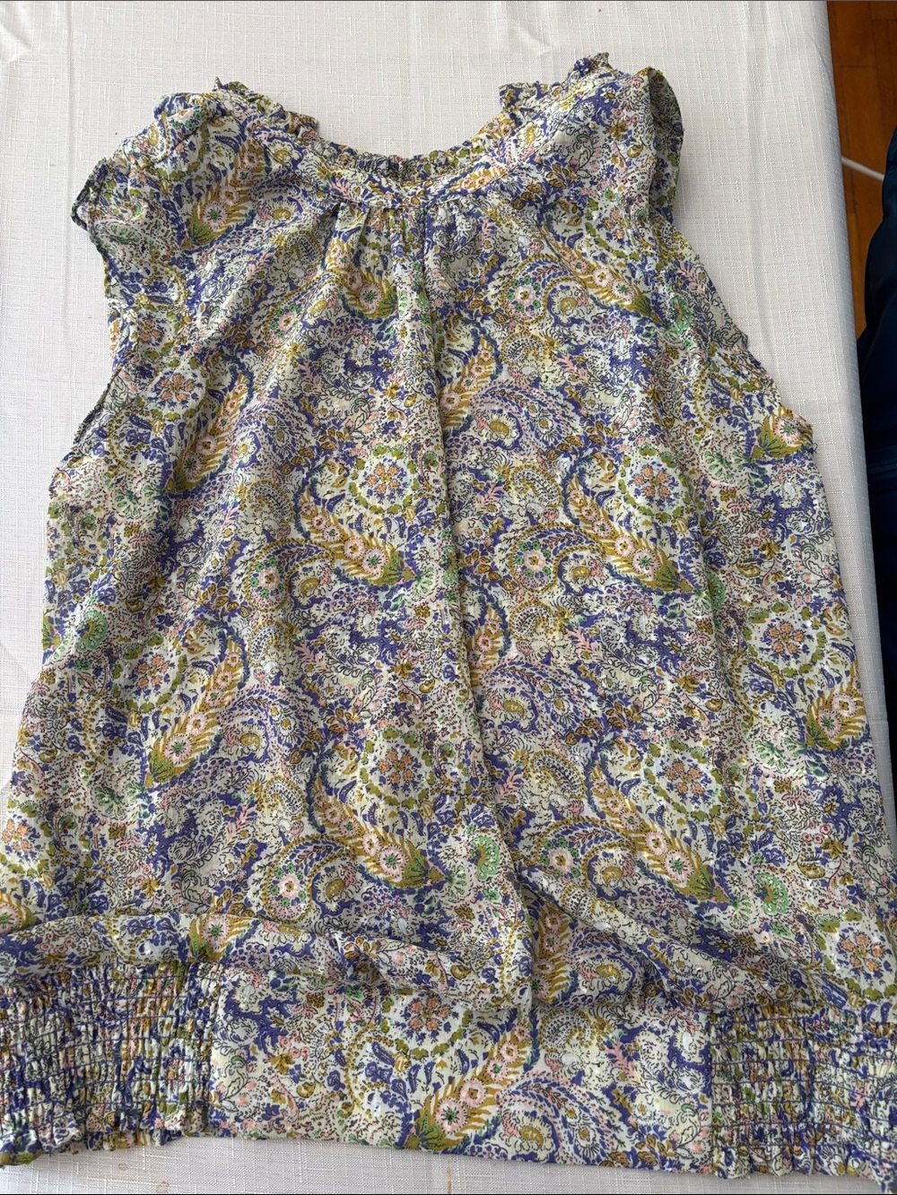 Paisley Print Sleeveless Camisole — White with Blue, Green & Yellow
